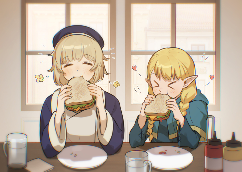 2girls black_hat blonde_hair blush braid bread dress dungeon_meshi eating falin_touden food glass green_dress happy hat heart highres ketchup_bottle long_hair long_sleeves marcille_donato mayo_(mayo88meshi) multiple_girls plate short_hair smile table twin_braids twintails window