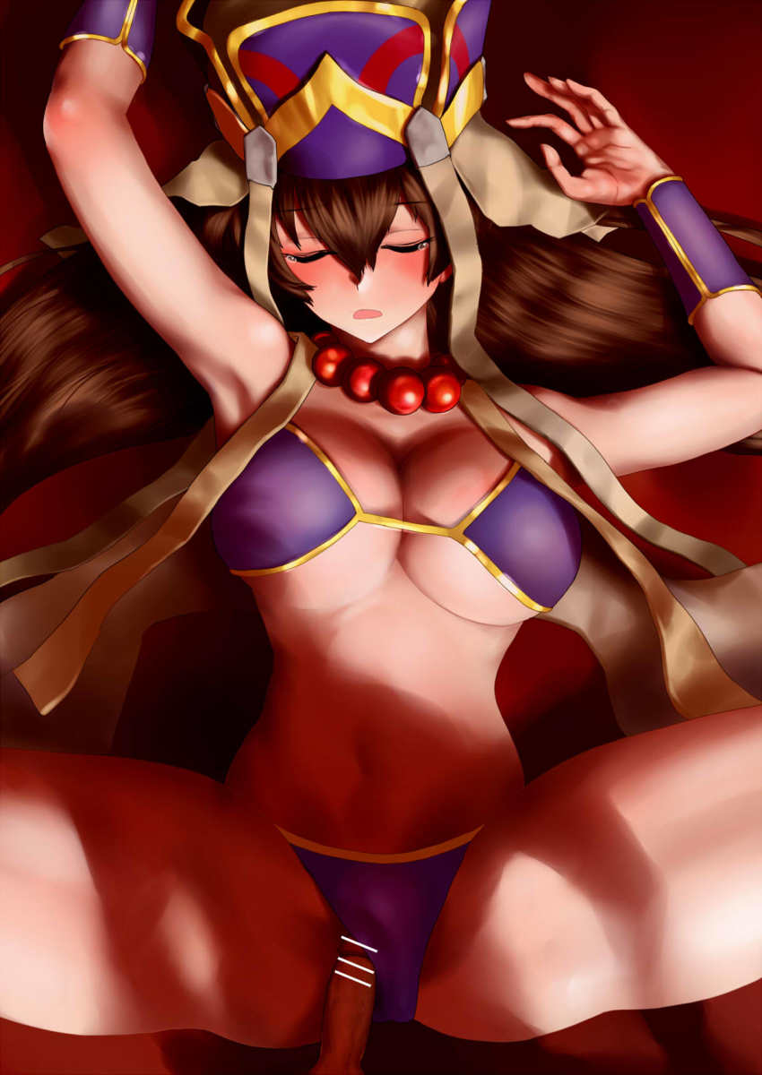 1boy 1girl bar_censor bare_shoulders bead_necklace beads bikini bikini_bottom_aside blush breasts bridal_gauntlets brown_hair censored cleavage closed_mouth clothing_aside fate/grand_order fate_(series) hair_between_eyes hat headdress hetero highres jewelry large_breasts long_hair lying missionary navel necklace nimuno_(munimuni) on_back open_mouth penis prayer_beads purple_bikini pussy rape sex sleep_molestation sleeping solo_focus spread_legs swimsuit tearing_up thighs vaginal vest xuangzang_sanzang_(fate) yellow_vest