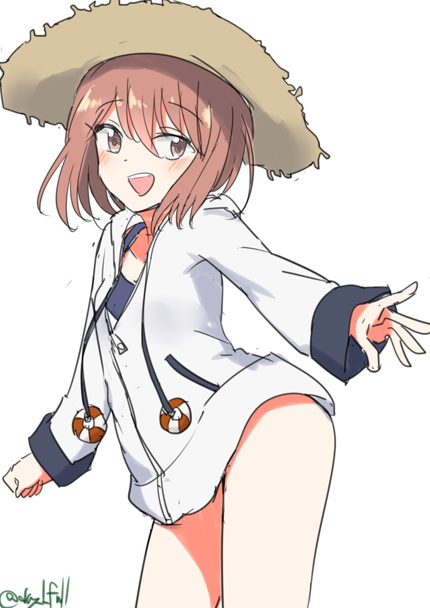 1girl absurdres blue_eyes blue_one-piece_swimsuit brown_hair cowboy_shot hat highres hood hooded_jacket jacket kantai_collection official_alternate_costume one-hour_drawing_challenge one-piece_swimsuit robinson_(day_l_full) short_hair simple_background smile solo straw_hat swimsuit swimsuit_under_clothes twitter_username white_background white_jacket yukikaze_(kancolle) yukikaze_(swimsuit_mode)_(kancolle)