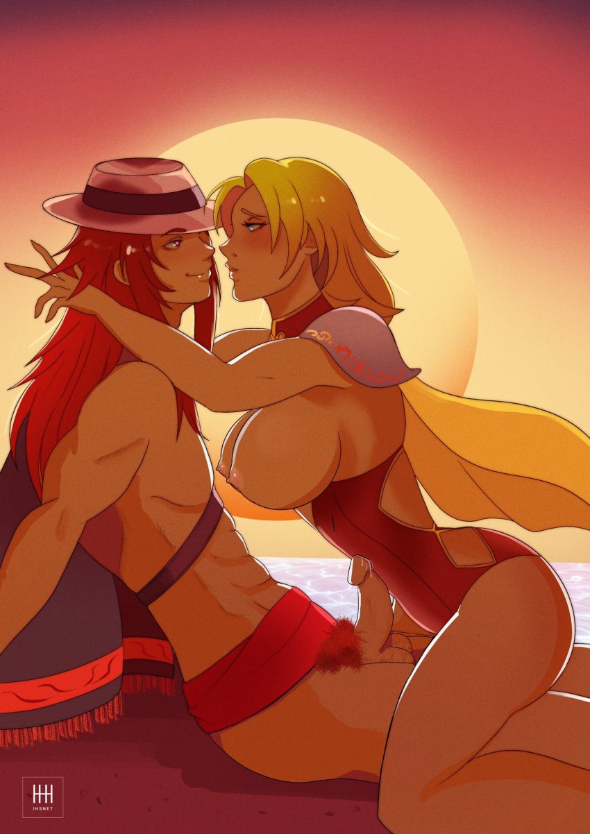 1boy 1girl about_to_kiss abs alternate_costume beach blonde_hair blue_eyes breasts cape fire_emblem fire_emblem:_the_sacred_stones fire_emblem_heroes hat highres ihsnet joshua_(fire_emblem) joshua_(summer)_(fire_emblem) large_breasts long_hair nintendo nipples ocean official_alternate_costume penis pubic_hair red_eyes red_hair sand selena_(fire_emblem:_the_sacred_stones) selena_(summer)_(fire_emblem:_the_sacred_stones) shoulder_pads smile smirk sun sunset swimsuit testicles