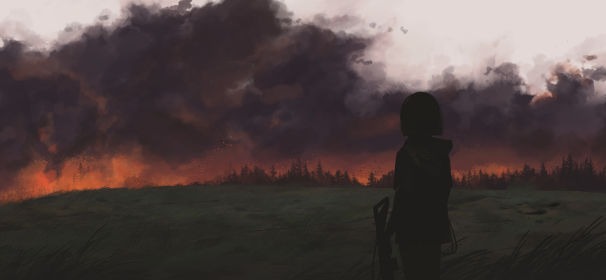 1girl absurdres assault_rifle black_hair bob_cut burning cloud cloudy_sky faiz_azhar fire forest from_behind grey_sky gun highres hill holding holding_gun holding_weapon hood hood_down hooded_jacket jacket nature original outdoors rifle scenery short_hair sky smoke solo standing weapon