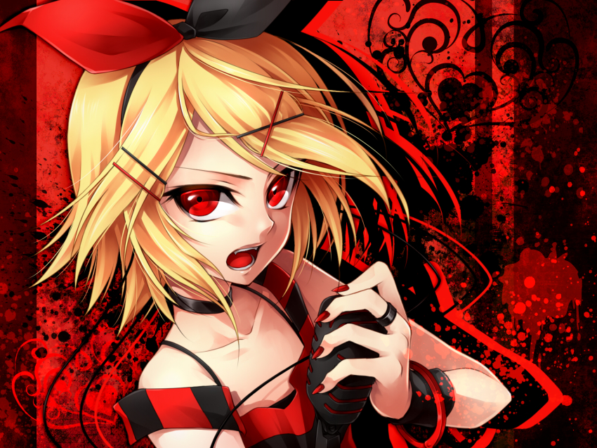 1girl alternate_costume bad_id bad_pixiv_id bare_shoulders blonde_hair bow collarbone female_focus hair_bow hair_ornament hairclip highres kagamine_rin microphone red_eyes short_hair solo strap_slip ueno_tsuki upper_body vocaloid