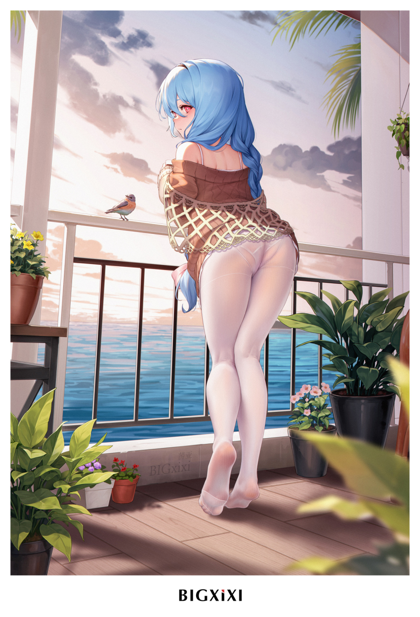 1girl ass beach bigxixi bird blue_hair feet highres long_hair ocean panties panties_under_pantyhose pantyhose plant potted_plant red_eyes soles toes underwear white_pantyhose