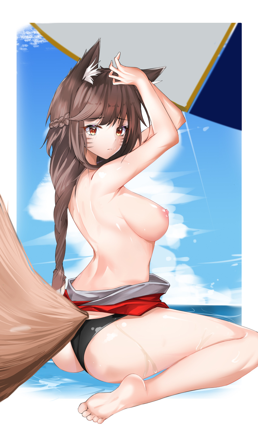 1girl absurdres ahri_(league_of_legends) animal_ear_fluff animal_ears arms_up ass bad_id bad_pixiv_id barefoot bikini bikini_bottom_only black_bikini blue_sky breasts brown_hair cloud day facial_mark fox_ears fox_tail highres large_breasts league_of_legends long_hair looking_at_viewer nevin_(flyskying) nipples ocean orange_eyes sitting sky soles solo swimsuit tail topless wariza whisker_markings