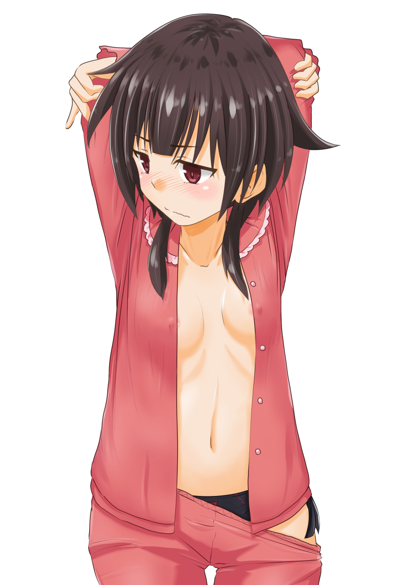 1girl absurdres alternate_costume areola_slip arms_behind_head arms_up black_hair black_panties blush breasts closed_mouth clothes_pull embarrassed female_focus highres kono_subarashii_sekai_ni_shukufuku_wo! looking_away megumin navel open_clothes open_shirt pajamas panties pants pants_pull pijama pink_pajamas red_eyes short_hair side-tie_panties sirokohi small_breasts solo thigh_gap underwear upper_body wavy_mouth