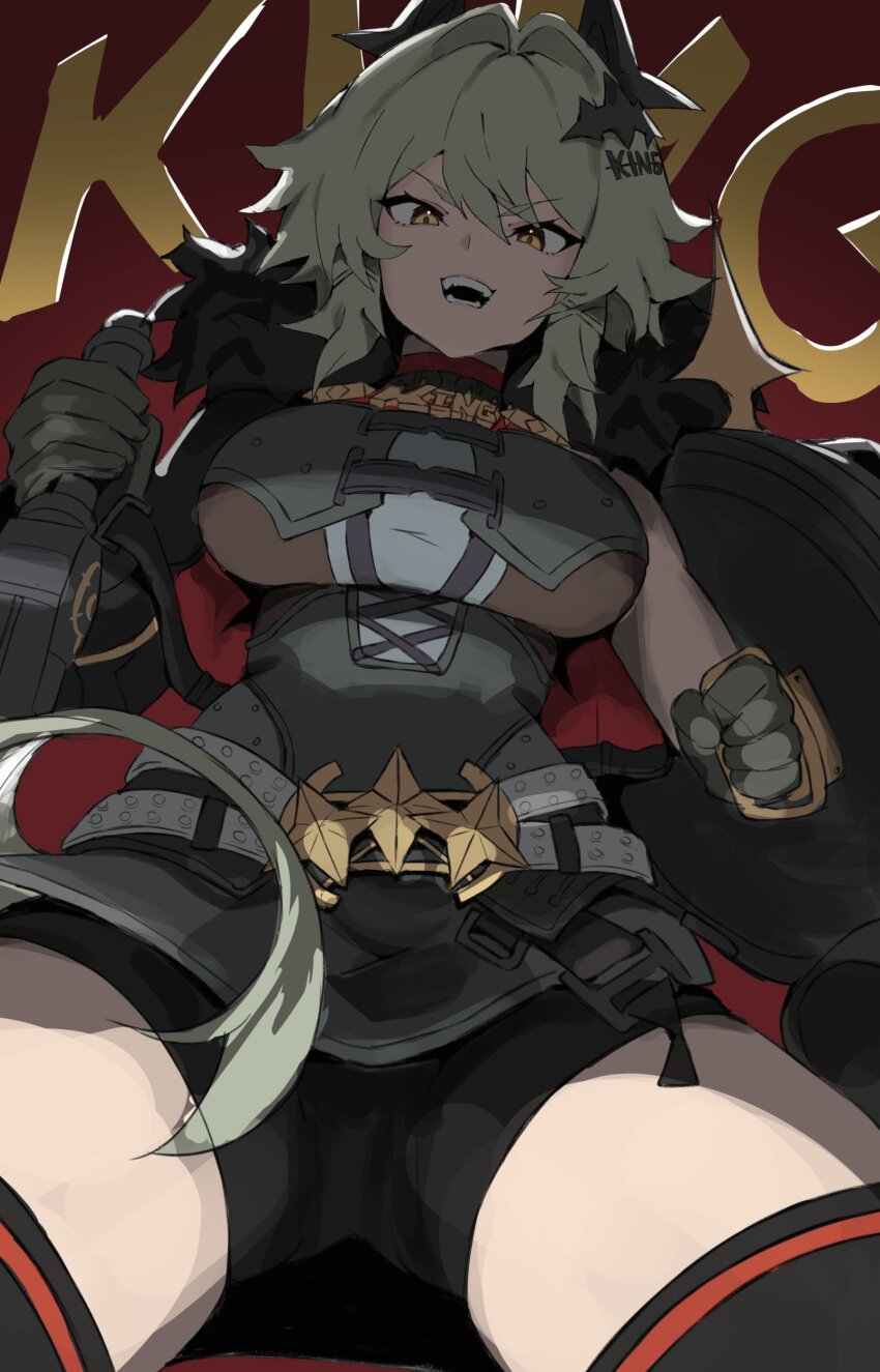 1girl absurdres black_gloves black_shorts black_thighhighs breasts caesar_king_(zenless_zone_zero) commentary cowboy_shot english_commentary fur_trim gloves green_hair hair_between_eyes highres hirosenpai_(adamosina) holding holding_shield holding_sword holding_weapon large_breasts long_hair looking_at_viewer open_mouth shield shorts sidelocks simple_background smile solo standing sword teeth thighhighs unfinished v-shaped_eyebrows weapon yellow_eyes zenless_zone_zero