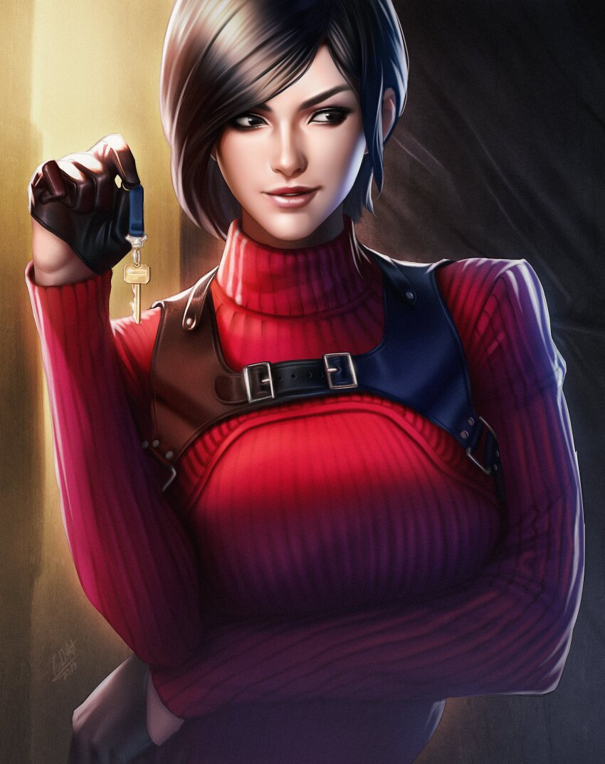 1girl absurdres ada_wong arm_under_breasts arm_up black_eyes black_gloves black_hair breasts gloves highres holding holding_key key kodiart96 large_breasts looking_to_the_side red_sweater resident_evil resident_evil_4 resident_evil_4_(remake) short_hair solo sweater turtleneck turtleneck_sweater upper_body