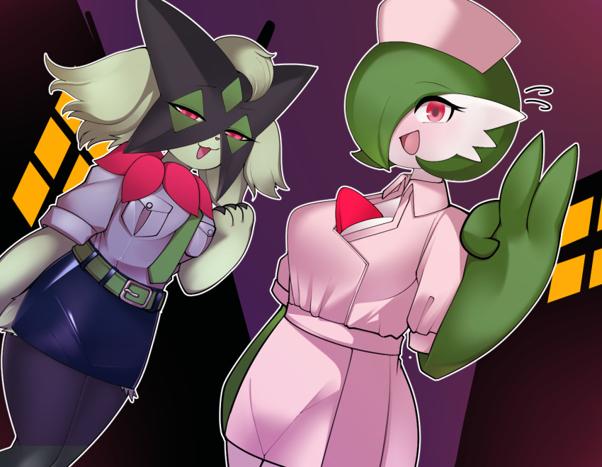 2girls :3 animal_hands animal_nose arm_at_side belt black_fur blue_skirt bob_cut body_fur breast_pocket breasts collared_dress colored_skin cowboy_shot creatures_(company) dress female_focus furry furry_female game_freak gardevoir gen_3_pokemon green_fur green_hair green_necktie green_skin grey_shirt hair_over_one_eye half-closed_eyes hand_up happy kurotsuchi_(rezanoffffffu2) large_breasts looking_at_viewer medium_breasts meowscarada miniskirt multicolored_skin multiple_girls necktie night nintendo one_eye_covered open_mouth outdoors outline pencil_skirt pink_dress pocket pokemon pokemon_(creature) police police_uniform policewoman purple_background purple_sky raised_eyebrow red_eyes shiny_clothes shirt shirt_tucked_in short_hair short_sleeves skirt sky smile standing two-tone_fur two-tone_skin v white_outline white_skin