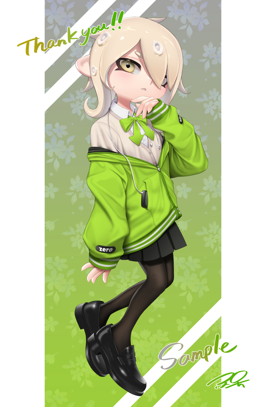 1girl absurdres black_footwear black_pantyhose black_skirt blonde_hair blush bow bowtie cardigan clenched_teeth collared_shirt commentary commission dress_shirt floral_background full_body green_background green_bow green_bowtie green_jacket hair_over_one_eye hand_on_own_chin highres hood hood_down hooded_jacket jacket loafers long_sleeves looking_at_viewer medium_hair nintendo octoling octoling_girl octoling_player_character pantyhose partially_unzipped pillarboxed pleated_skirt puchiman sample_watermark shirt shoes signature skeb_commission skirt solo splatoon_(series) suction_cups symbol-only_commentary teeth tentacle_hair thank_you watermark white_shirt yellow_cardigan yellow_eyes zipper