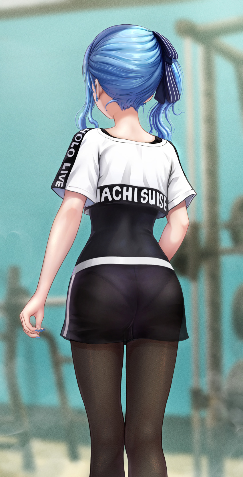 1girl absurdres ass black_panties black_shorts blue_hair blue_nails blurry blurry_background clothes_writing cropped_shirt earrings facing_away fine_fabric_emphasis from_behind gym hair_ribbon highres hololive hololive_dance_practice_uniform hoshimachi_suisei jewelry lace lace-trimmed_panties lace_trim leotard leotard_under_clothes long_hair nail_polish nape official_alternate_costume panties panties_under_shorts pantyhose power_rack revision ribbon see-through_clothes see-through_shorts shirt shorts side_ponytail solo star_(symbol) star_earrings thighs underwear virtual_youtuber wajuniorbox weights white_shirt