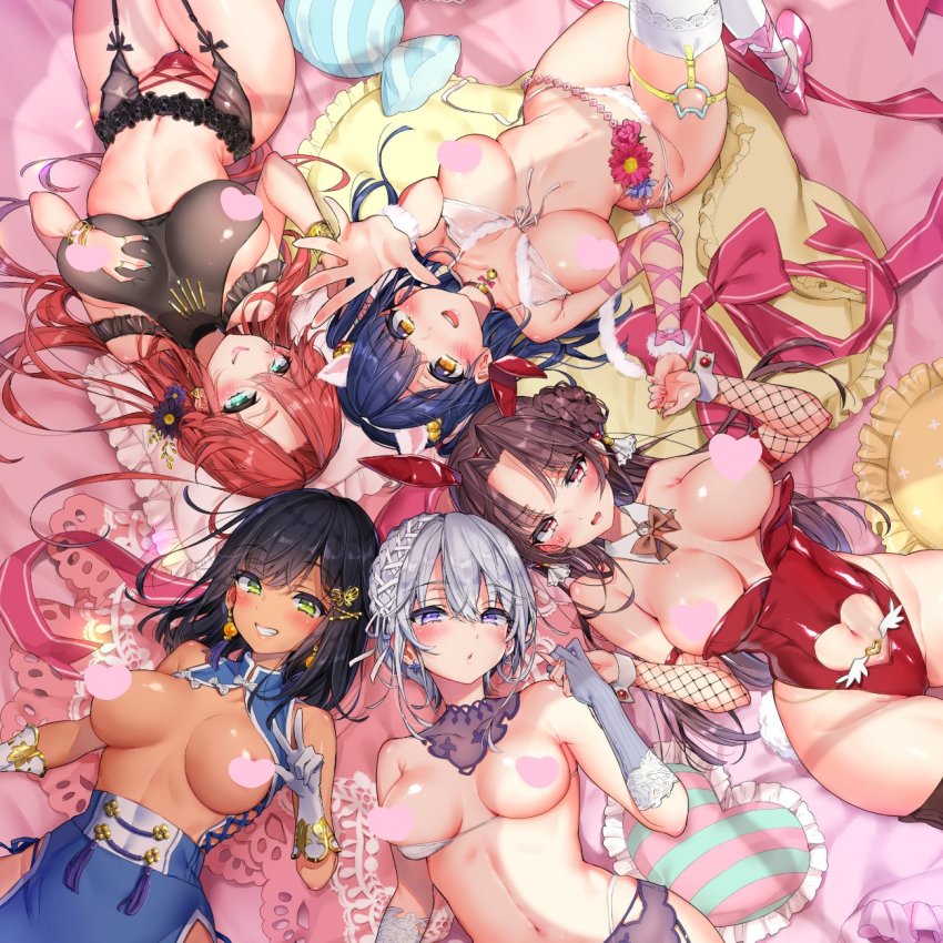 5girls animal_ears black_hair blue_hair blush bra unworn_bra breasts brown_hair clothing_cutout dark-skinned_female dark_skin fishnets flower garter_belt garter_straps hair_flower hair_ornament halterneck holding_hands harem highres legs_together leotard lingerie looking_at_viewer lying medium_breasts morishima_kon multiple_girls navel navel_cutout on_back open_clothes original panties partially_undressed rabbit_ears red_hair seductive_smile smile thick_thighs thighhighs thighs topless underwear white_hair