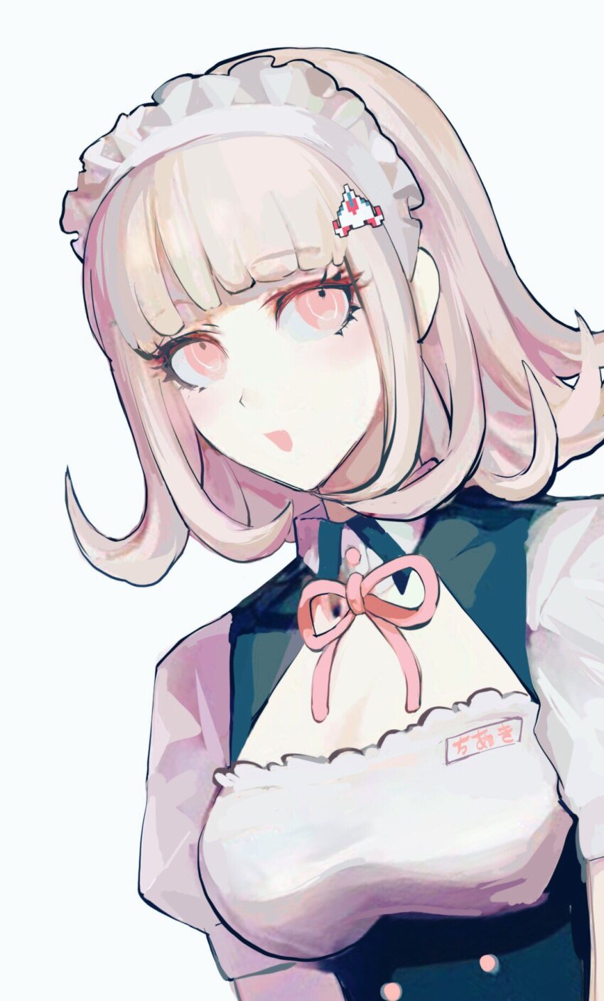 1girl :d black_dress bowknot_huhu breasts brown_hair danganronpa_(series) danganronpa_2:_goodbye_despair dress galaga highres large_breasts maid maid_headdress medium_hair nanami_chiaki neck_ribbon official_alternate_costume open_mouth pink_eyes pink_ribbon puffy_short_sleeves puffy_sleeves ribbon short_sleeves simple_background smile solo upper_body white_background