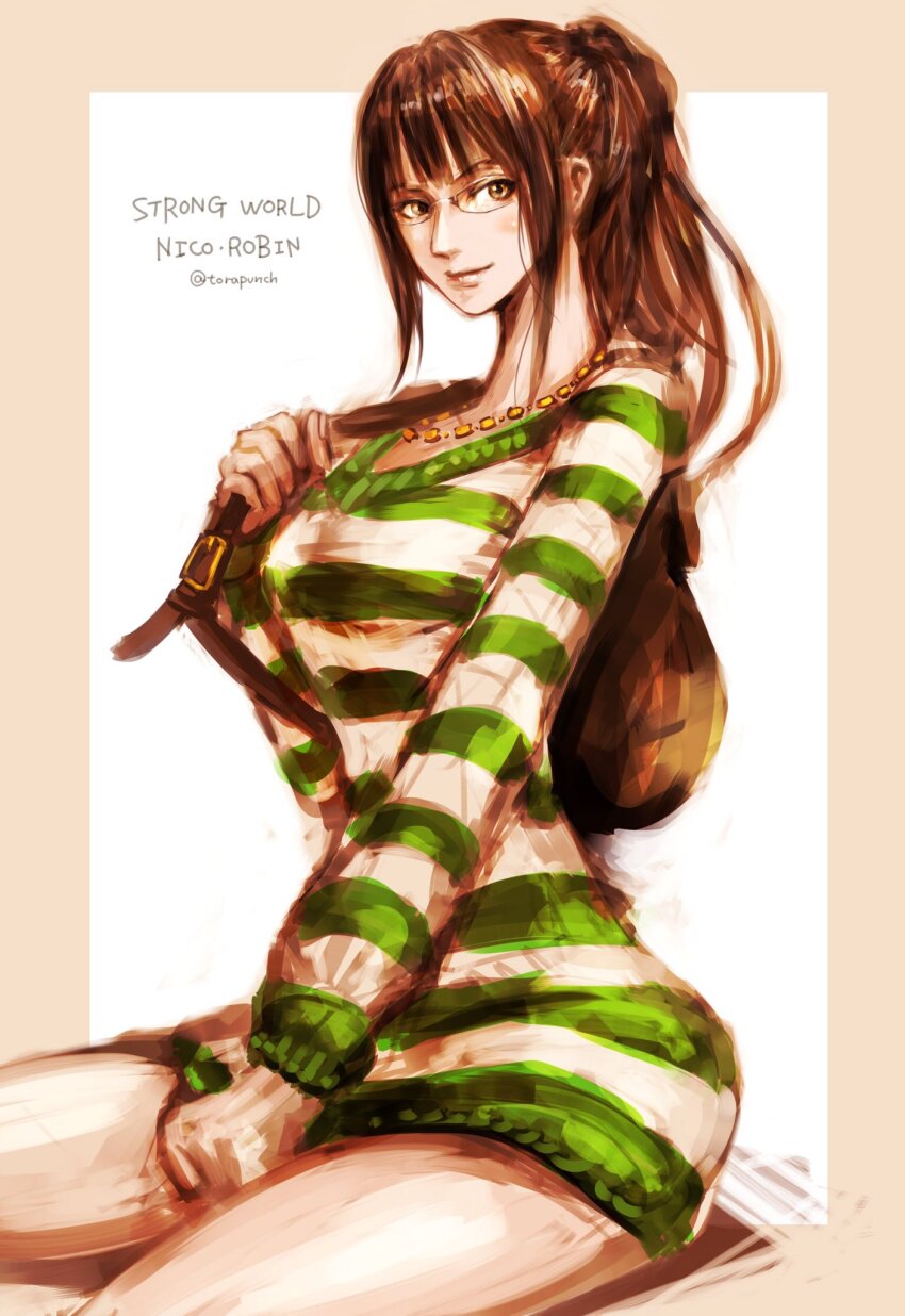 1girl bag black_hair blunt_bangs brown_hair character_name closed_mouth commentary_request dress glasses green_dress highres jewelry long_sleeves necklace nico_robin one_piece one_piece:_strong_world ponytail shoulder_bag sidelocks smile solo striped_clothes striped_dress torapunch twitter_username white_hair