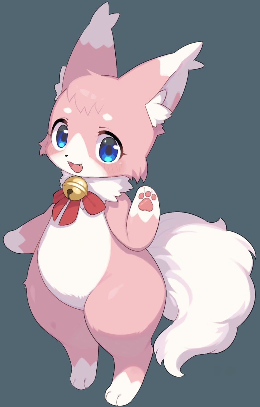 1girl animal_ear_fluff animal_ears animal_nose bell blue_background blue_eyes body_fur bow bowtie fang flat_chest full_body furry furry_female hand_up highres jingle_bell looking_at_viewer mushu_(xmu) neck_bell neck_fur open_mouth original pawpads pink_fur red_bow red_bowtie simple_background smile solo standing tail two-tone_fur white_fur wide_hips