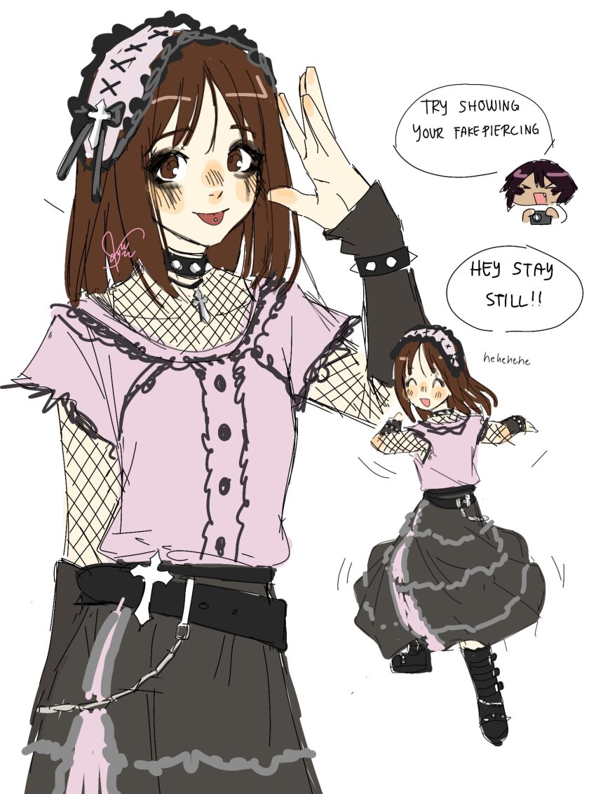 &gt;_&lt; 2girls alternate_costume azumanga_daiou black_boots boots bracelet brown_eyes brown_hair camera collar detached_sleeves fang fishnet_top fishnets goth_fashion highres holding holding_camera jewelry kagura_(azumanga_daioh) kasuga_ayumu kyuunn looking_at_viewer medium_hair multiple_girls open_mouth piercing pink_shirt salute shirt short_hair simple_background skirt spiked_bracelet spiked_collar spikes spinning tongue tongue_out tongue_piercing white_background