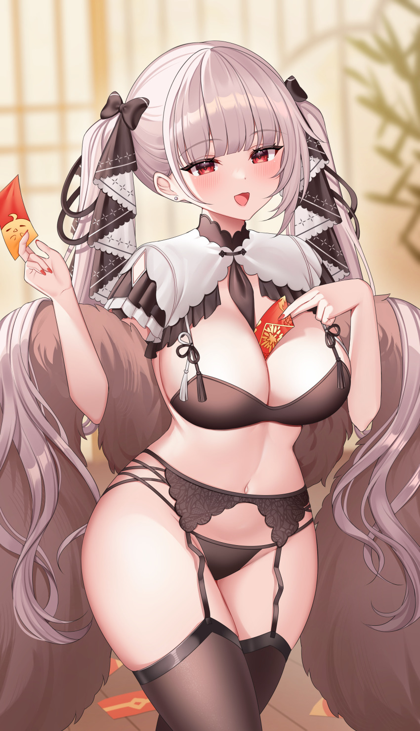 1girl absurdres alternate_costume azur_lane between_breasts blurry blurry_background breasts brown_garter_belt brown_panties brown_thighhighs cleavage commentary demcheg english_commentary formidable_(azur_lane) grey_hair highres indoors large_breasts long_hair looking_at_viewer navel open_mouth panties plant potted_plant revealing_clothes smile solo thighhighs twintails underwear very_long_hair wooden_floor