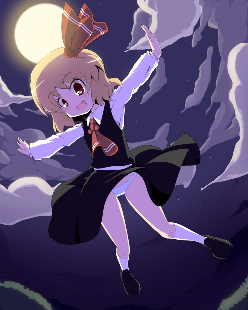 1girl aho blonde_hair cloud fang female_focus hair_ribbon highres night open_mouth outstretched_arms panties red_eyes ribbon rumia short_hair sky solo touhou underwear white_panties