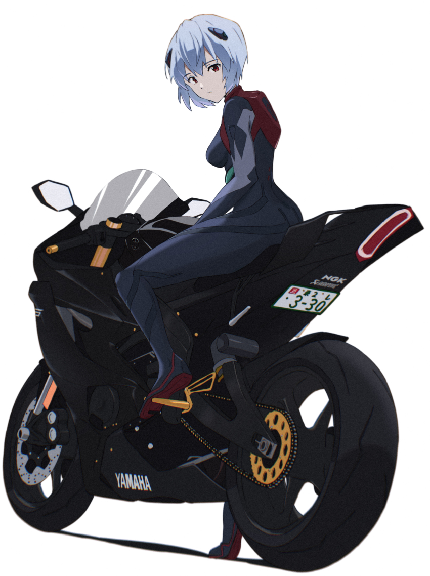 1girl absurdres ayanami_rei blue_hair bodysuit breasts closed_mouth commentary film_grain foot_up from_side full_body grey_bodysuit hair_between_eyes highres interface_headset license_plate looking_at_viewer looking_back mecha_pilot_suit motor_vehicle motorcycle neon_genesis_evangelion on_motorcycle plugsuit rebuild_of_evangelion red_eyes sakurayama_(59_sakurayama) short_hair simple_background sitting small_breasts solo white_background yamaha yamaha_yzf-r6