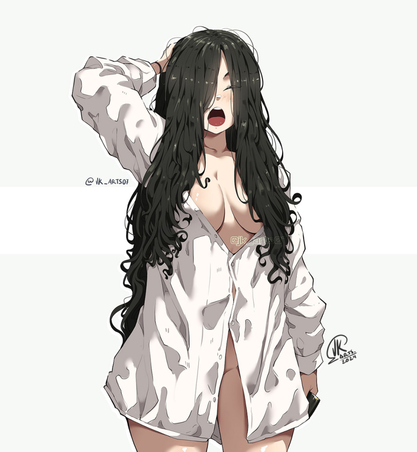 1girl black_hair bracelet breasts convenient_censoring dress_shirt groin highres holding holding_phone jewelry jk_arts large_breasts long_hair open_clothes open_mouth open_shirt phone shirt solo the_ring very_long_hair yamamura_sadako