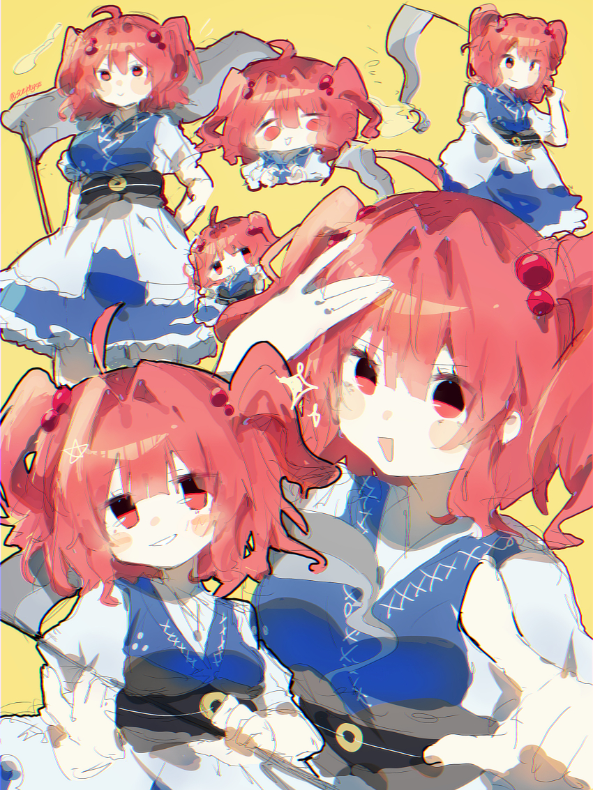 1girl absurdres ahoge blue_dress dress hair_intakes highres holding holding_scythe multiple_views obi onozuka_komachi red_eyes red_hair sash sceptyos scythe short_sleeves simple_background touhou two_side_up yellow_background