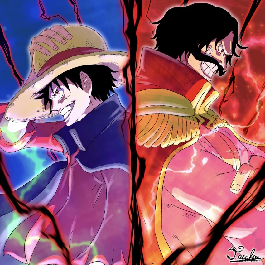 2boys black_hair blue_background collared_cape epaulettes gol_d._roger haki hand_on_headwear hat highres looking_ahead male_focus monkey_d._luffy multiple_boys one_piece pink_shirt profile red_background scar scar_on_face shirt short_hair signature smile straw_hat tacchan56110 upper_body