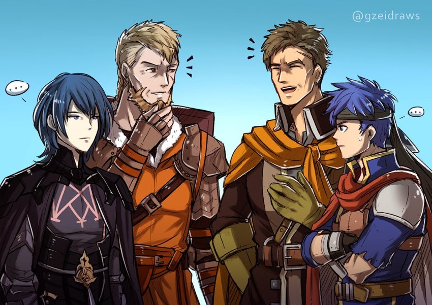 4boys armor blue_eyes blue_hair brown_hair byleth_(fire_emblem) byleth_(male)_(fire_emblem) cape father_and_son fire_emblem fire_emblem:_path_of_radiance fire_emblem:_three_houses gloves greil gzei headband ike_(fire_emblem) long_hair male_focus multiple_boys nintendo open_mouth short_hair simple_background smile upper_body white_background