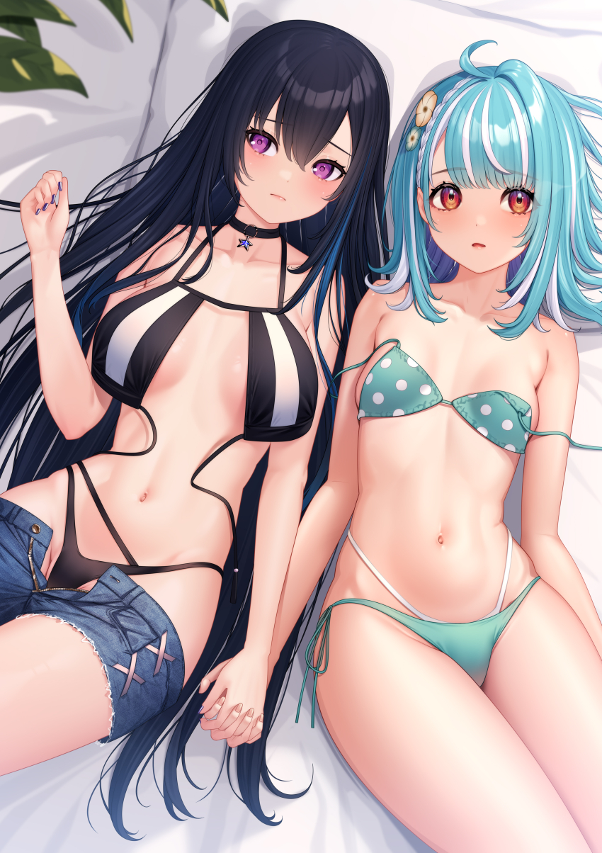 2girls absurdres averting_eyes bikini bikini_pull black_bikini black_choker black_hair blue_bikini blue_hair blue_shorts blush braid breasts choker clothes_pull cutoffs denim denim_shorts flower front-tie_bikini_top front-tie_top hair_between_eyes hair_flower hair_ornament highleg highleg_bikini highres holding_hands ichinose_uruha ichinose_uruha_(summer_c102) interlocked_fingers layered_bikini long_hair lying medium_breasts multi-strapped_bikini_bottom multicolored_hair multiple_girls navel nikichiho on_back open_bikini open_clothes open_shorts orange_eyes parted_lips pillow plant polka_dot polka_dot_bikini purple_eyes purple_nails shiranami_ramune shiranami_ramune_(summer_c102) short_shorts shorts side-tie_bikini_bottom side_braid small_breasts star_(symbol) star_choker stomach strap_gap streaked_hair striped_bikini striped_clothes swept_bangs swimsuit untied_bikini_top vertical-striped_bikini vertical-striped_clothes very_long_hair virtual_youtuber vspo! white_bikini white_hair yuri zipper zipper_pull_tab