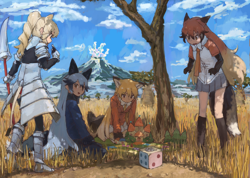 4girls animal_ears armor black_bow black_bowtie black_fur black_gloves black_pantyhose black_shirt black_skirt blue_jacket board_game bow bowtie commentary_request dice elbow_gloves extra_ears ezo_red_fox_(kemono_friends) faulds fox_ears fox_girl fox_tail fur_trim gauntlets gloves greaves grey_hair grey_skirt high_ponytail highres jacket kemono_friends long_hair long_sleeves multicolored_hair multiple_girls necktie orange_hair orange_jacket orange_necktie outdoors pantyhose polearm ponytail red_fox_(kemono_friends) red_hair red_sleeves rhinoceros_ears rhinoceros_girl rhinoceros_tail rumenia_(ao2is) shirt short_sleeves silver_fox_(kemono_friends) sitting skirt socks spear t-shirt tail weapon white_bow white_bowtie white_hair white_rhinoceros_(kemono_friends) white_shirt