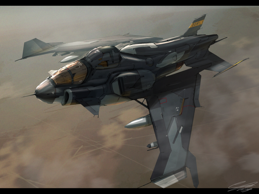 aircraft airplane fighter_jet flying highres jet military military_vehicle motion_blur no_humans original raruru science_fiction signature solo vehicle_focus