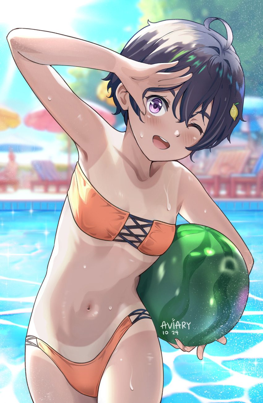 1girl absurdres ahoge aviary ball beachball bikini black_hair blue_sky breasts cloud commentary dark-skinned_female dark_skin day food food-themed_hair_ornament fruit hair_ornament highres lemon_hair_ornament make_heroine_ga_oo_sugiru! navel one_eye_closed orange_bikini outdoors purple_eyes revision short_hair sky small_breasts solo stomach strapless strapless_bikini swimsuit tan tanline tube_top watermelon watermelon_beachball yakishio_lemon