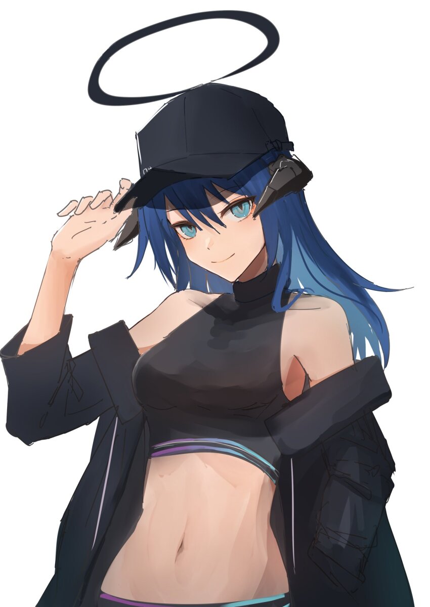 1girl alternate_costume arknights bare_shoulders baseball_cap black_hat black_jacket black_shirt blue_eyes blue_hair breasts commentary_request crop_top halo hat hetare_galm_sue highres horns jacket long_hair long_sleeves looking_at_viewer medium_breasts midriff mostima_(arknights) navel off_shoulder shirt simple_background sleeveless sleeveless_shirt smile solo stomach upper_body white_background