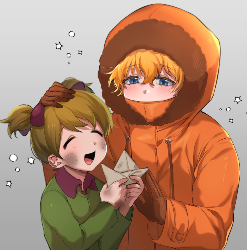 1boy 1girl blonde_hair blue_eyes blush brother_and_sister brown_hair closed_eyes gloves hood hood_up karen_mccormick kayo_(skc08049) kenny_mccormick paper_boat parka short_hair short_twintails siblings south_park south_park:_the_fractured_but_whole twintails