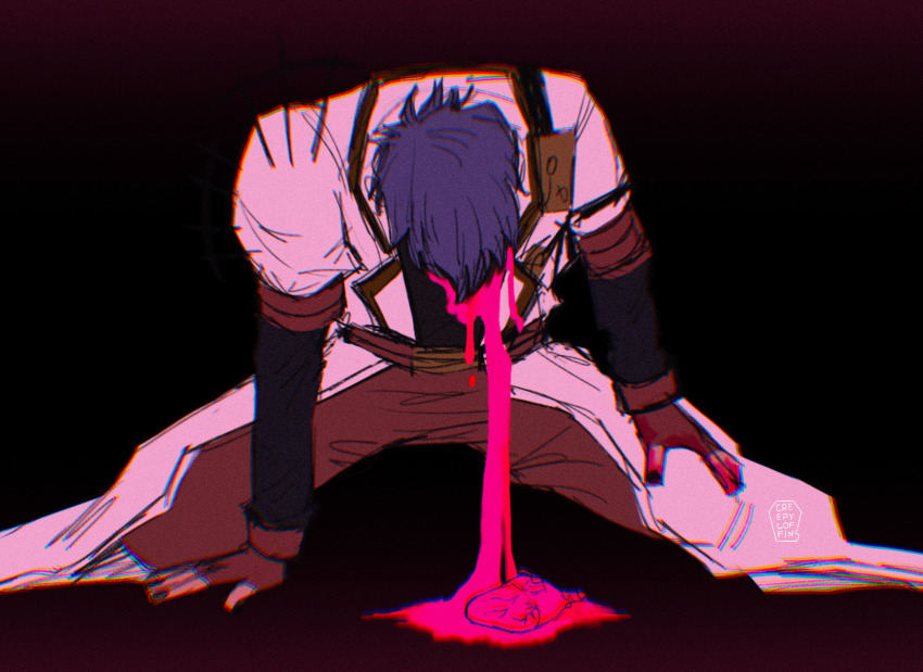 1boy artist_name black_background black_shirt black_sleeves bleeding blood blue_hair brown_gloves brown_pants chromatic_aberration coat creepycoffins dark_background film_grain fingerless_gloves flat_color full_body glitch gloves hand_on_floor hand_on_own_thigh head_down heart_(organ) highres kneeling legato_bluesummers logo long_coat male_focus pants pink_blood puffy_short_sleeves puffy_sleeves scribble shirt short_sleeves signature solo spread_legs trigun trigun_maximum tumblr_username white_coat