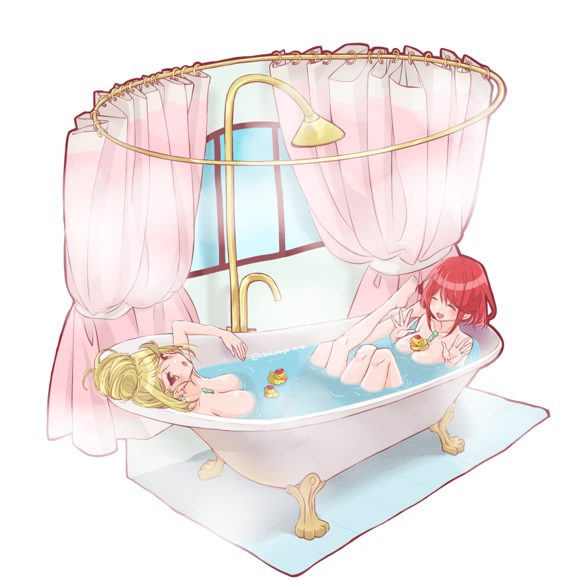 2girls :d :o ^_^ bath bathing bathtub blonde_hair breasts chest_jewel claw_foot_bathtub closed_eyes commentary_request core_crystal_(xenoblade) curtains highres in_bathtub large_breasts long_hair medium_hair multiple_girls mythra_(xenoblade) nude open_mouth partially_submerged pyra_(xenoblade) red_hair rubber_duck same-sex_bathing shared_bathing shower_head signature slipper_bathtub smile twitter_username usakumapo_nano xenoblade_chronicles_(series) xenoblade_chronicles_2 yellow_eyes