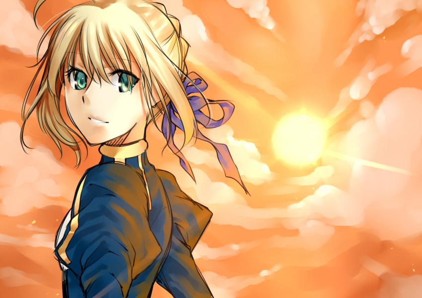 1girl ahoge artoria_pendragon_(fate) blonde_hair braid braided_bun dress fate/stay_night fate_(series) female_focus green_eyes hair_bun hair_ribbon nashoki ribbon saber_(fate) short_hair smile solo sun