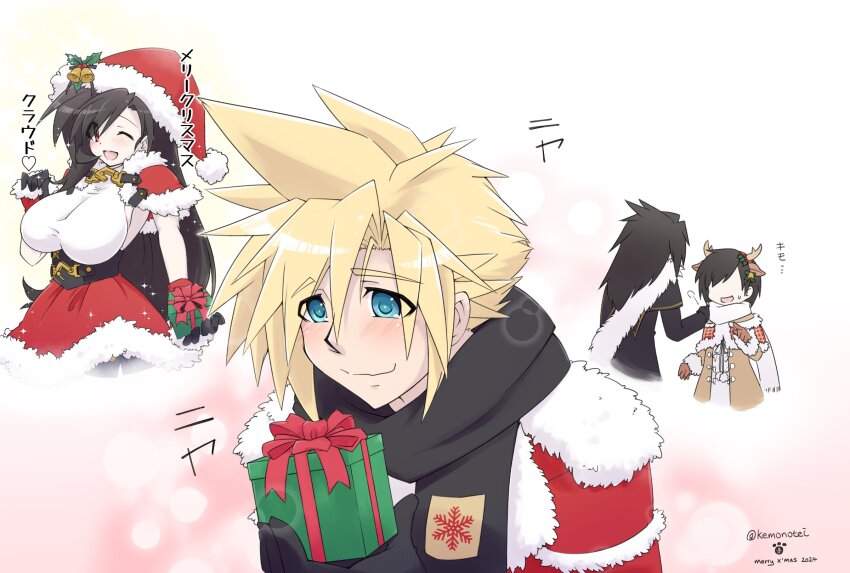 2boys 2girls animal_ears antlers black_coat black_gloves black_hair black_scarf blonde_hair blue_eyes blush breasts brown_coat capelet chaotic_dragon christmas christmas_present closed_mouth cloud_strife cloud_strife_(holiday_outfit) coat commentary_request cowboy_shot deer_ears dress fake_animal_ears fake_antlers final_fantasy final_fantasy_vii final_fantasy_vii_ever_crisis fur-trimmed_capelet fur-trimmed_coat fur-trimmed_gloves fur-trimmed_headwear fur-trimmed_jacket fur-trimmed_skirt fur_trim gift gloves hair_between_eyes hat hat_ornament highres holding holding_gift holly_hat_ornament horns huge_breasts jacket long_hair multiple_boys multiple_girls official_alternate_costume one_eye_closed open_mouth pom_pom_(clothes) red_capelet red_eyes red_hat red_jacket red_skirt reindeer_antlers santa_dress santa_hat scarf short_hair skirt sleeveless sleeveless_turtleneck smile spiked_hair sweater tifa_lockhart tifa_lockhart_(fairy_of_the_holy_flame) translation_request turtleneck turtleneck_sweater twitter_username upper_body vincent_valentine vincent_valentine_(holiday_formal_wear) white_scarf white_sweater yuffie_kisaragi yuffie_kisaragi_(holiday_cheer_reindeer)