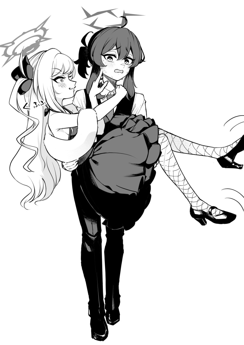 2girls absurdres ahoge blue_archive blush breasts carrying cheek_poking collarbone commentary_request double-parted_bangs dress feather_boa fishnet_pantyhose fishnets giggling greyscale halo hand_on_another&#039;s_shoulder haruka_(blue_archive) haruka_(suit)_(blue_archive) high_heels highres long_hair monochrome multiple_girls mutsuki_(blue_archive) mutsuki_(dress)_(blue_archive) necktie official_alternate_costume one_side_up pantyhose poking ponytail princess_carry ragunosuke_(shin_kio28) sideboob simple_background sweat vest