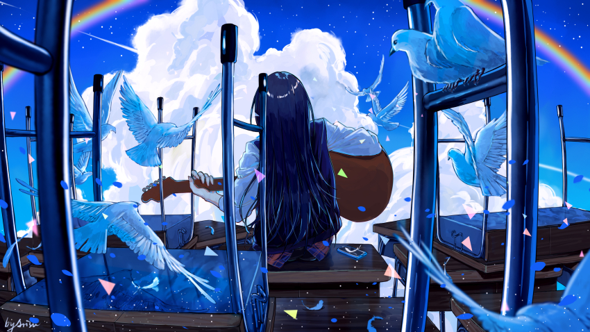 1girl acoustic_guitar arisu_(wangyunqiu) bird black_hair blue_sky cellphone cloud commentary contrail desk dove falling_feathers feathers from_behind guitar highres holding holding_guitar holding_instrument hoshino_ichika_(project_sekai) instrument jacket light_particles long_hair on_desk phone plaid_clothes plaid_shirt project_sekai rainbow red_shirt school_desk shirt sitting sky smartphone too_many too_many_birds upside-down