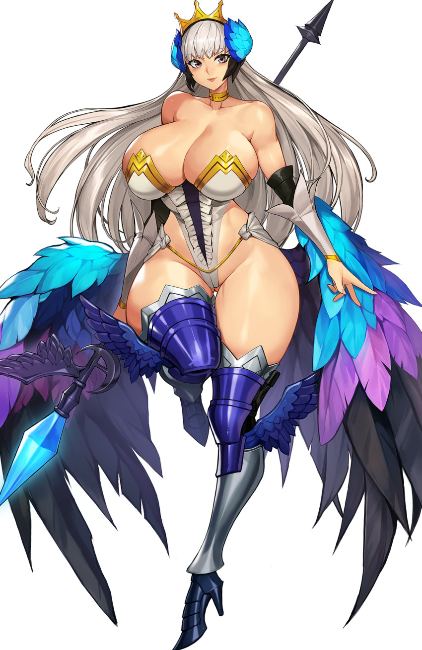 1girl armored_boots bare_shoulders boots breasts cleavage crown curvy full_body gurimjang gwendolyn_(odin_sphere) hair_down highleg highleg_leotard highres huge_breasts large_breasts leg_wings leotard long_hair odin_sphere polearm polearm_behind_back purple_eyes solo standing strapless strapless_leotard valkyrie weapon white_leotard wide_hips wings