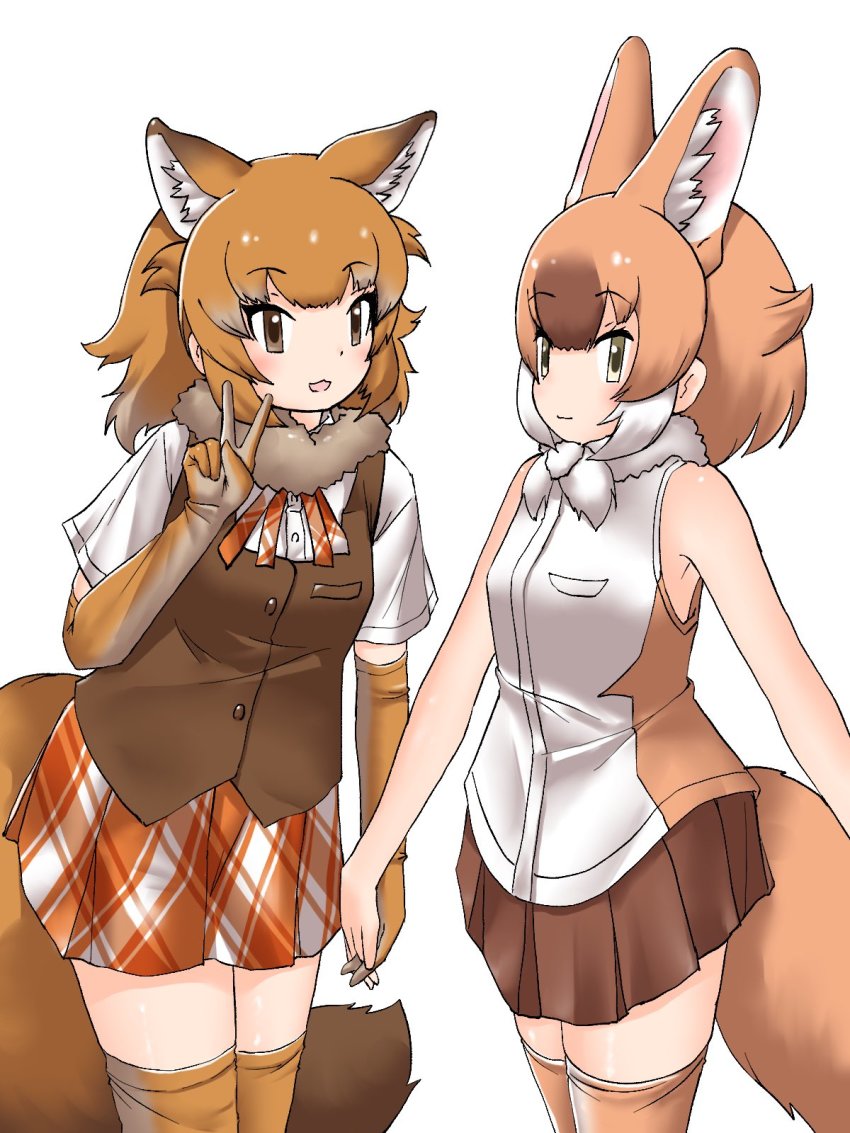 1girl 2girls alternate_costume animal_ears blush brown_fur brown_gloves brown_hair brown_shirt brown_skirt brown_thighhighs brown_vest cowboy_shot dhole_(kemono_friends) dhole_(old_design)_(kemono_friends) dog_ears dog_girl dog_tail elbow_gloves extra_ears fur_collar gloves green_eyes highres holding_hands kemono_friends multiple_girls orange_skirt pleated_skirt shirt short_sleeves skirt sleeveless solo t-shirt tail thighhighs two-tone_shirt uf34a v vest white_fur white_shirt zettai_ryouiki