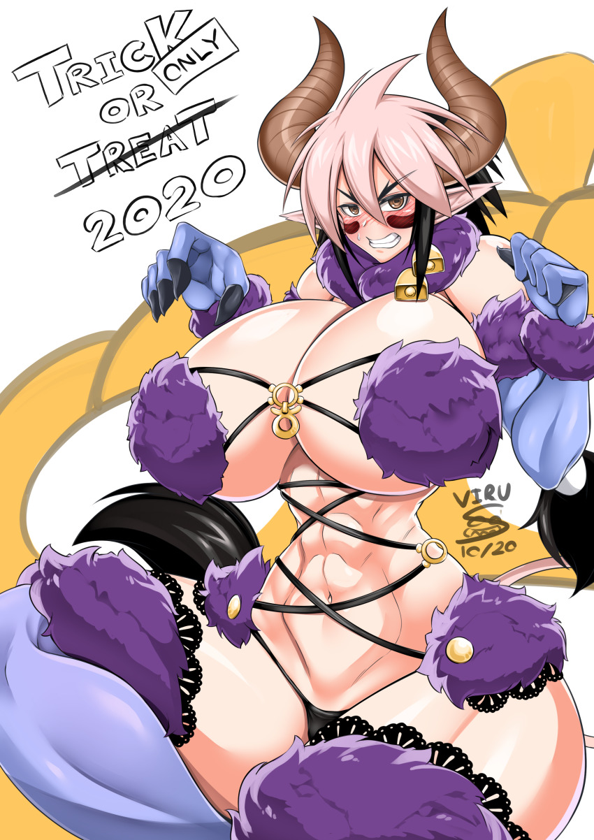 1girl 2020 abs absurdres angry animal_ears bell bikini black_hair blush breasts brown_eyes cathyl cosplay cow_ears cow_girl cow_horns cow_tail cowbell curvy english_text hair_between_eyes halloween highres horns huge_breasts mash_kyrielight mash_kyrielight_(dangerous_beast) mash_kyrielight_(dangerous_beast)_(cosplay) micro_bikini minotaur monster_girl monster_musume_no_iru_nichijou multicolored_hair muscular muscular_female naughty_face nervous official_alternate_costume open_mouth pale_skin pink_hair short_hair simple_background sitting solo swimsuit tail thick_thighs thighs trick_or_treat virusotaku wide_hips