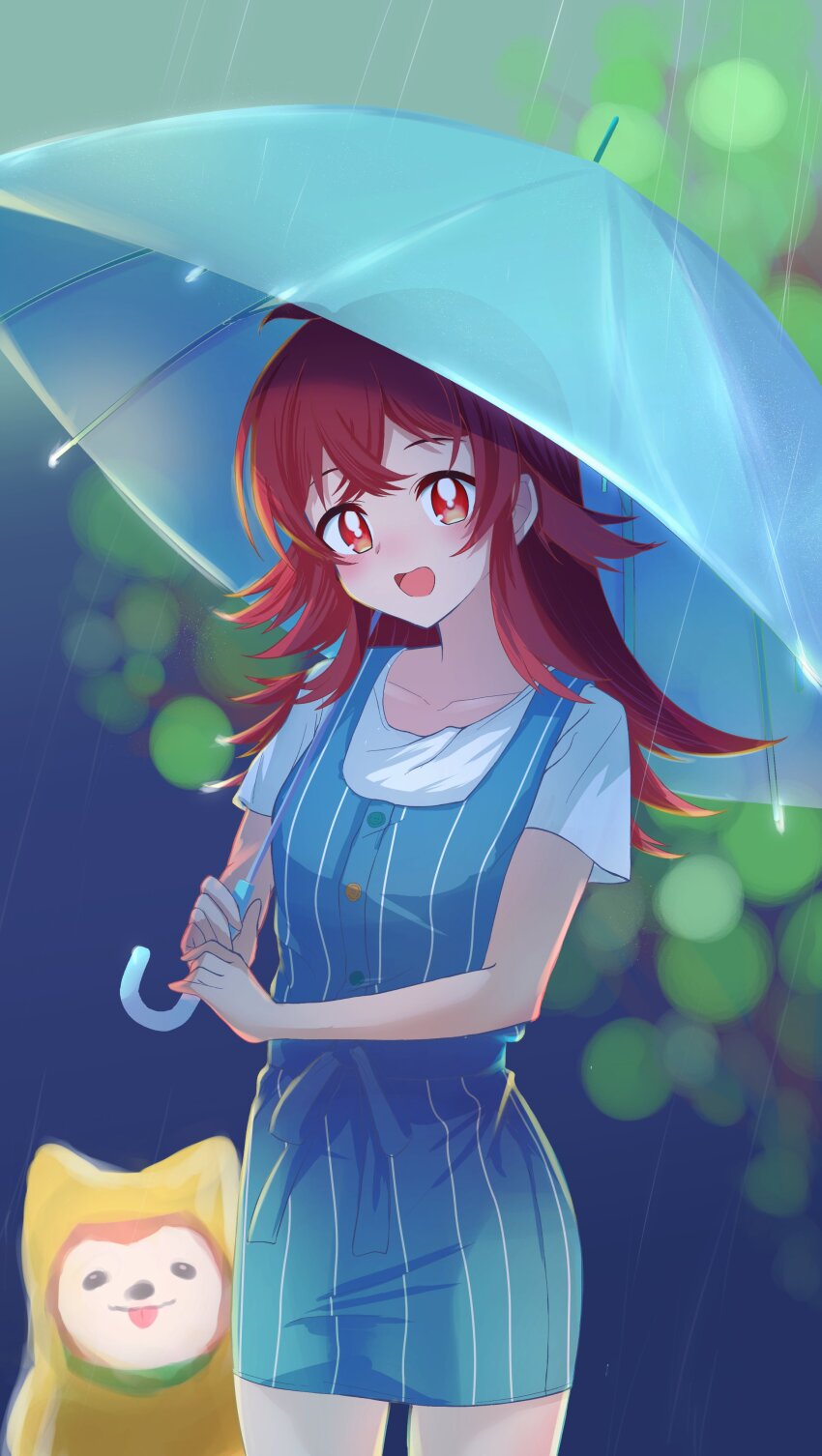 1girl :o absurdres ahoge blue_dress blush breasts buttons collarbone commentary_request cowboy_shot dog dress hair_between_eyes hair_flaps head_tilt highres holding holding_umbrella idolmaster idolmaster_shiny_colors komiya_kaho long_hair looking_at_viewer mamemaru_(shiny_colors) pinafore_dress pinstripe_dress pinstripe_pattern rain red_eyes red_hair shiba_inu shirt sidelocks simple_background sleeveless sleeveless_dress small_breasts smile thighs umbrella wakuraba9 white_shirt yellow_raincoat