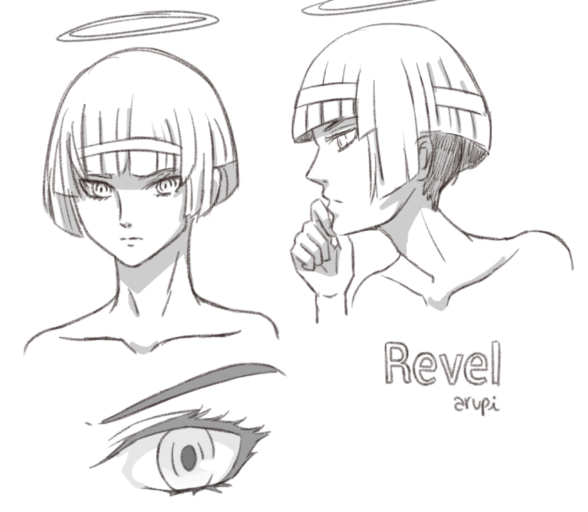 1boy angel artist_name arupi blunt_bangs blunt_ends character_name closed_mouth collarbone eyelashes halo hand_on_own_chin headband looking_at_viewer looking_to_the_side male_focus monochrome platinum_end profile revel solo