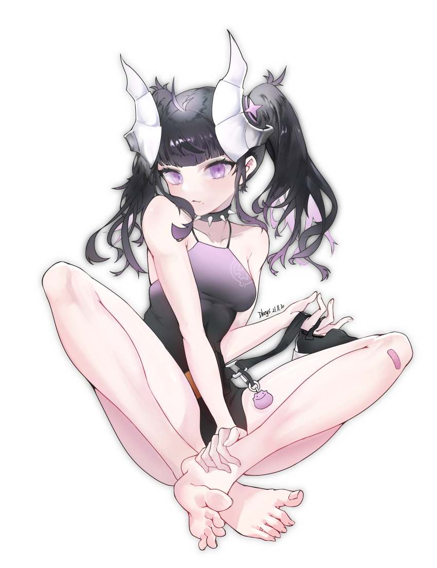 1girl absurdres bandaid bandaid_on_knee bandaid_on_leg barefoot black_hair dkeys feet highres horns long_hair looking_at_viewer purple_eyes shoes single_shoe soles toes twintails unworn_shoes