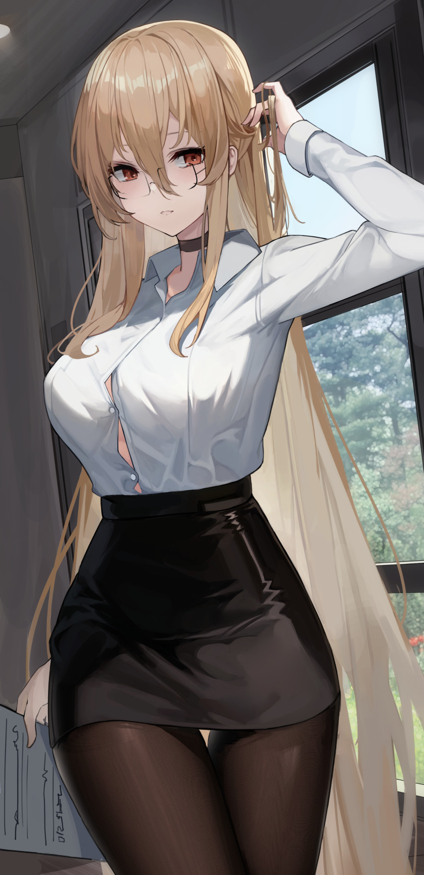 1girl absurdres arm_up azur_lane black-framed_eyewear black_choker black_pantyhose black_skirt blonde_hair breasts button_gap choker collared_shirt cowboy_shot dress_shirt glasses hair_between_eyes hand_in_own_hair high-waist_skirt highres holding holding_paper implacable_(azur_lane) implacable_(shepherd_of_the_&quot;lost&quot;)_(azur_lane) indoors large_breasts long_hair long_sleeves looking_at_viewer maanu miniskirt office_lady official_alternate_costume pantyhose paper parted_lips pencil_skirt rectangular_eyewear red_eyes shirt shirt_tucked_in skirt solo thigh_gap thighs very_long_hair white_shirt window