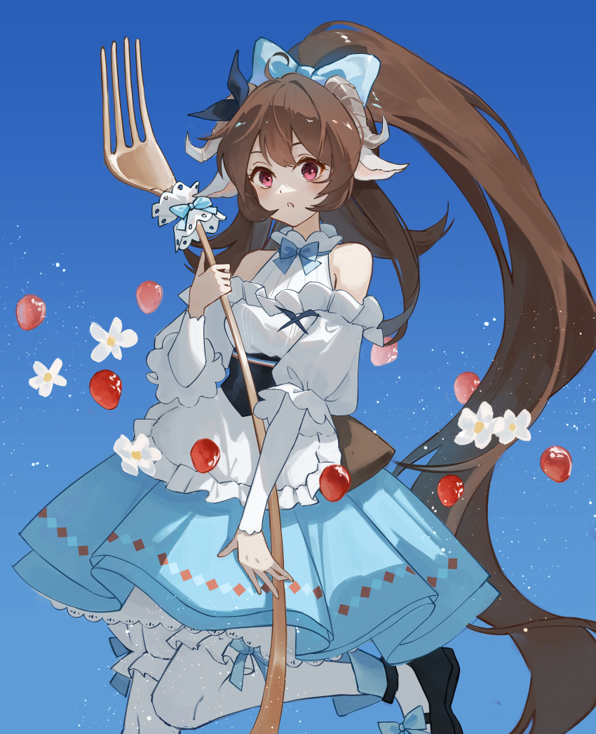 1girl absurdres animal_ears arknights bare_shoulders black_footwear blue_background blue_bow blue_bowtie blue_skirt bow bowtie brown_hair commentary_request curled_horns eyjafjalla_(arknights) eyjafjalla_the_hvit_aska_(a_picnic_before_a_long_trip)_(arknights) eyjafjalla_the_hvit_aska_(arknights) flower food footwear_bow fork fruit grey_horns hair_bow highres holding holding_fork horns layered_sleeves leg_up long_hair long_sleeves looking_at_viewer orihara_rio pantyhose parted_lips petticoat pink_eyes pleated_skirt shirt shoes short_over_long_sleeves short_sleeves skirt solo split_mouth standing standing_on_one_leg strawberry traditional_bowtie very_long_hair white_flower white_pantyhose white_shirt