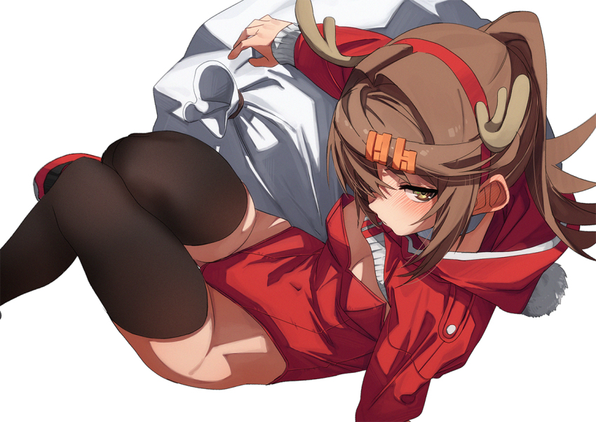 1girl black_thighhighs breasts brown_eyes brown_hair christmas commentary_request fake_antlers fu-ta hair_ornament hairband hairclip hood hooded_jacket jacket leotard long_sleeves looking_at_viewer original red_hairband red_jacket red_leotard simple_background sitting small_breasts solo thighhighs usami_taiga white_background