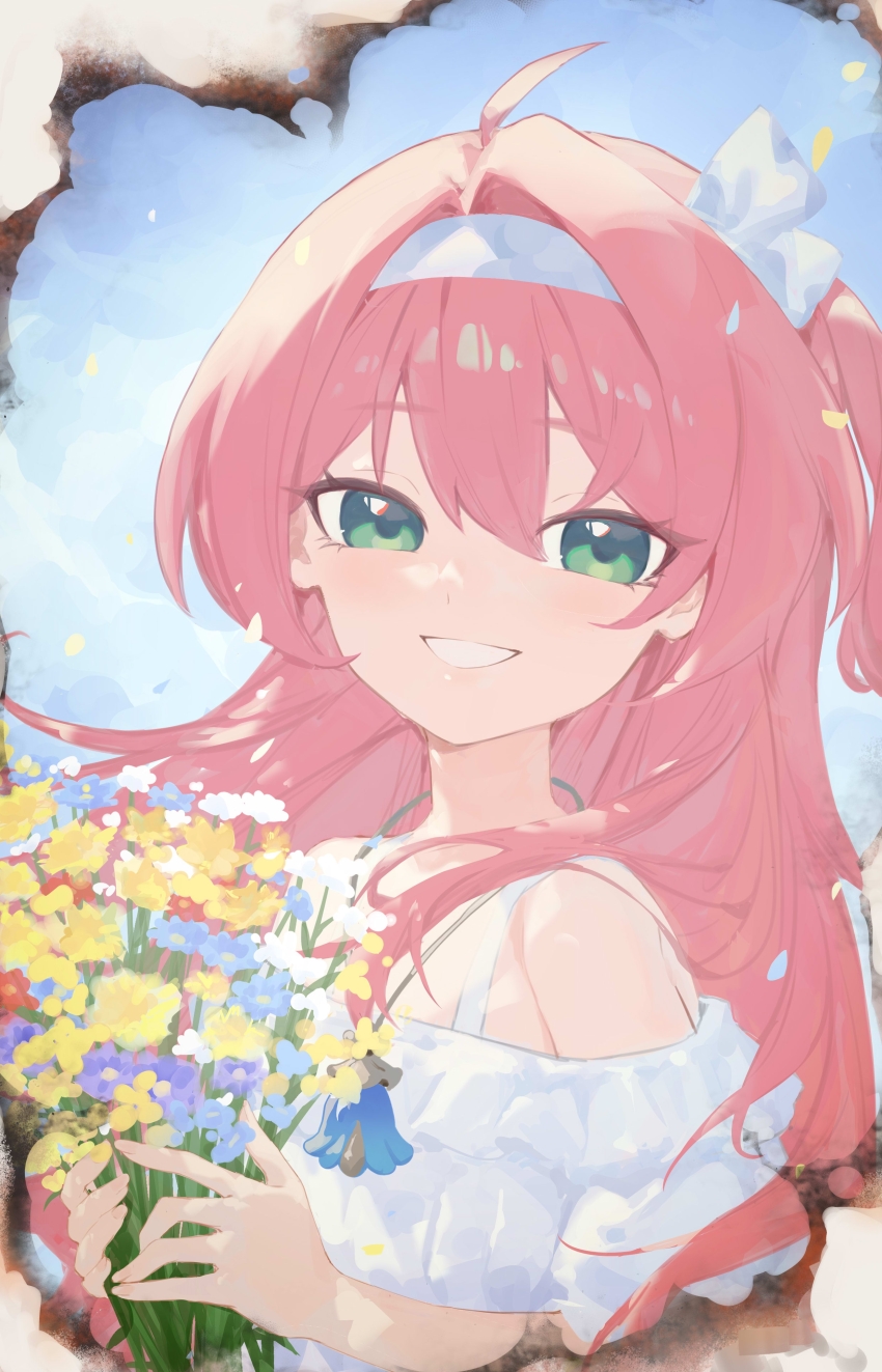 1girl absurdres bare_shoulders bouquet clervie_(genshin_impact) clothing_cutout dress flower genshin_impact green_eyes hair_between_eyes hairband highres holding holding_bouquet long_hair looking_at_viewer one_side_up pink_hair pmg portrait shoulder_cutout smile solo white_dress white_hairband yellow_flower