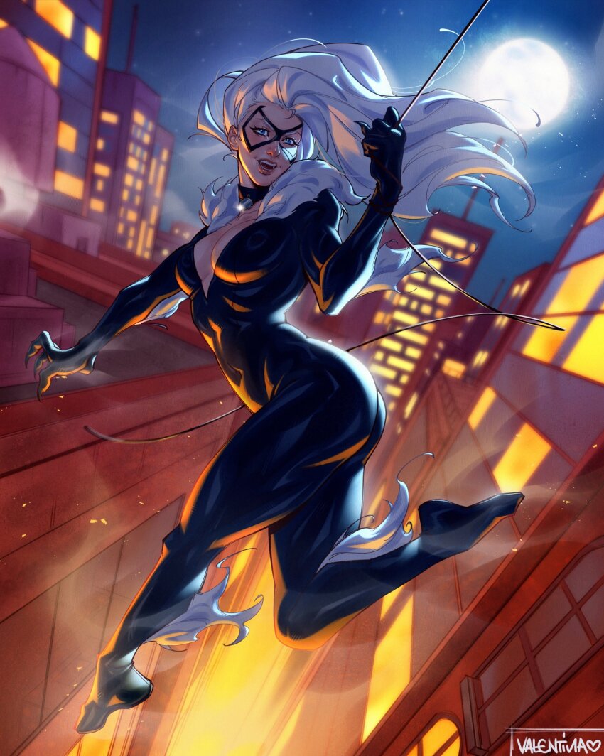 1girl artist_name black_bodysuit black_cat_(marvel) black_choker black_mask blue_eyes bodysuit breasts building choker city cleavage domino_mask felicia_hardy full_moon highres long_hair looking_at_viewer marvel mask medium_breasts moon night open_mouth outdoors skyscraper solo valentina_tavolilla white_hair