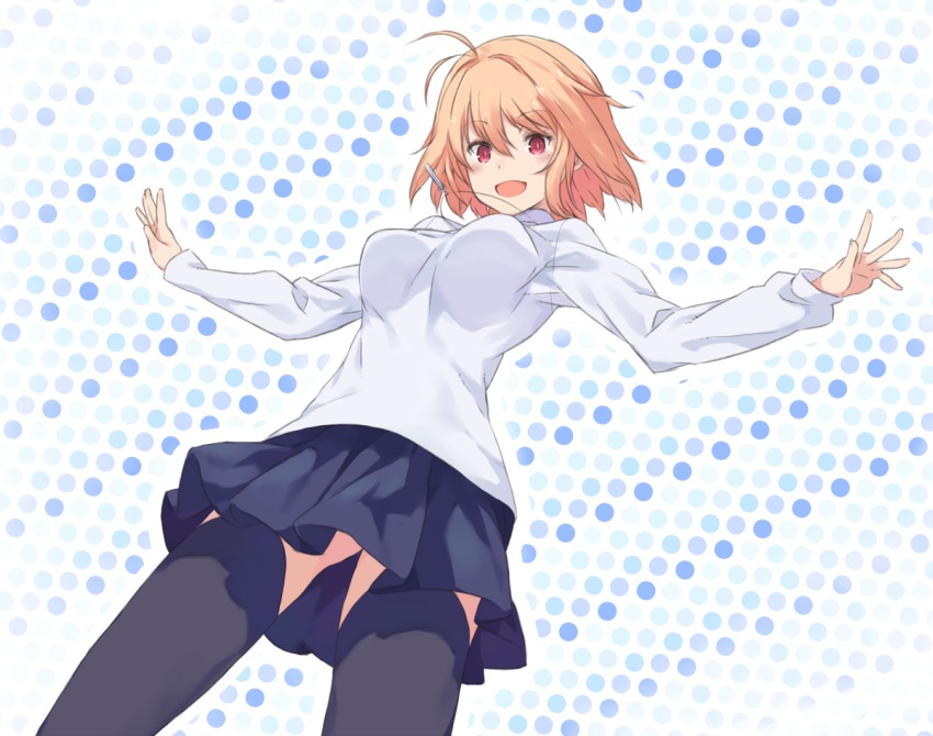 1girl :d alternate_legwear antenna_hair arcueid_brunestud auru_t black_skirt black_thighhighs blonde_hair blush breasts cowboy_shot eyebrows female_focus hair_intakes jewelry long_sleeves looking_at_viewer medium_breasts miniskirt necklace open_mouth outstretched_arms polka_dot polka_dot_background red_eyes short_hair sidelocks skirt smile solo spread_arms thighhighs tsukihime tsukihime_(remake) turtleneck zettai_ryouiki